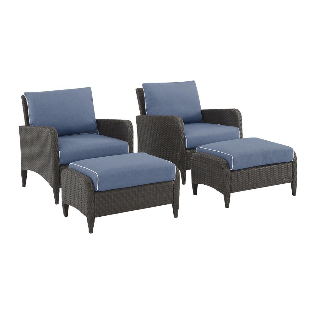 Kiawah 4Pc Outdoor Wicker Chair Set Blue/Brown - 2 Armchairs & 2 Ottomans