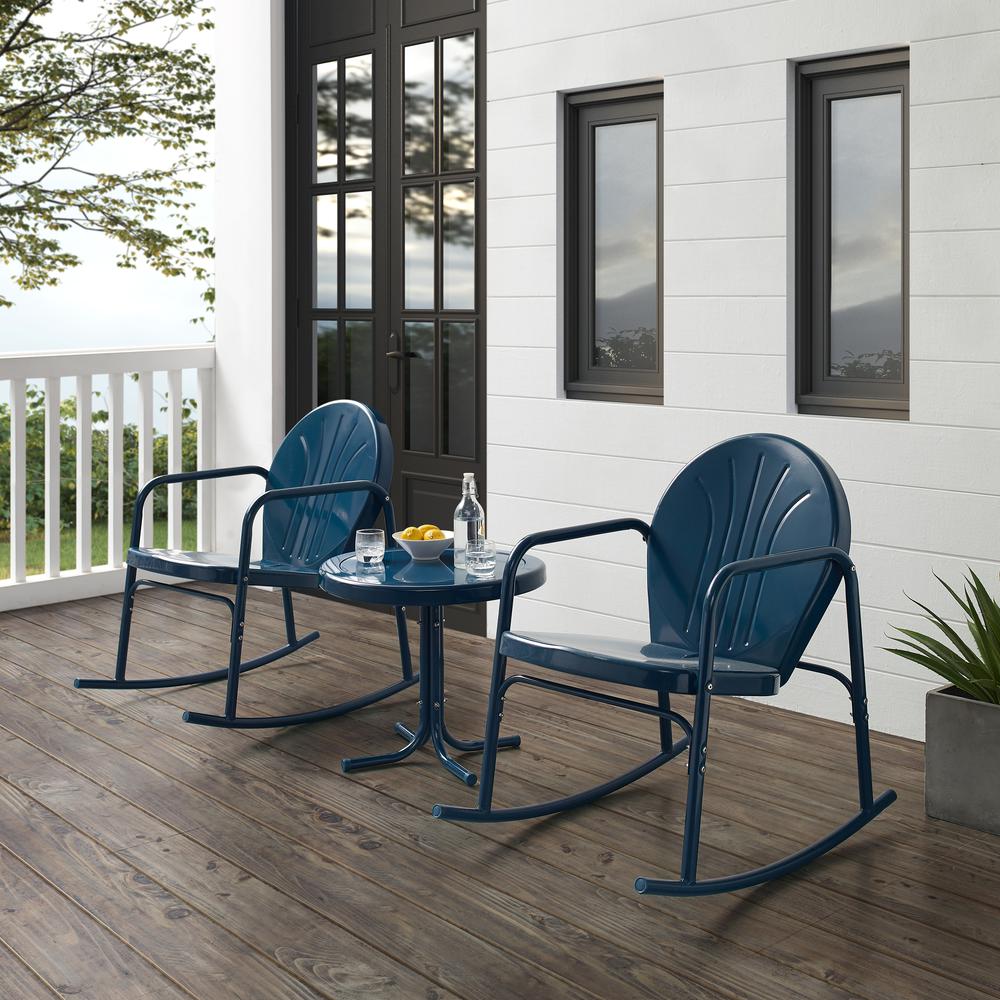 Griffith 3Pc Outdoor Metal Rocking Chair Set Navy Gloss - Side Table & 2 Rocking Chairs