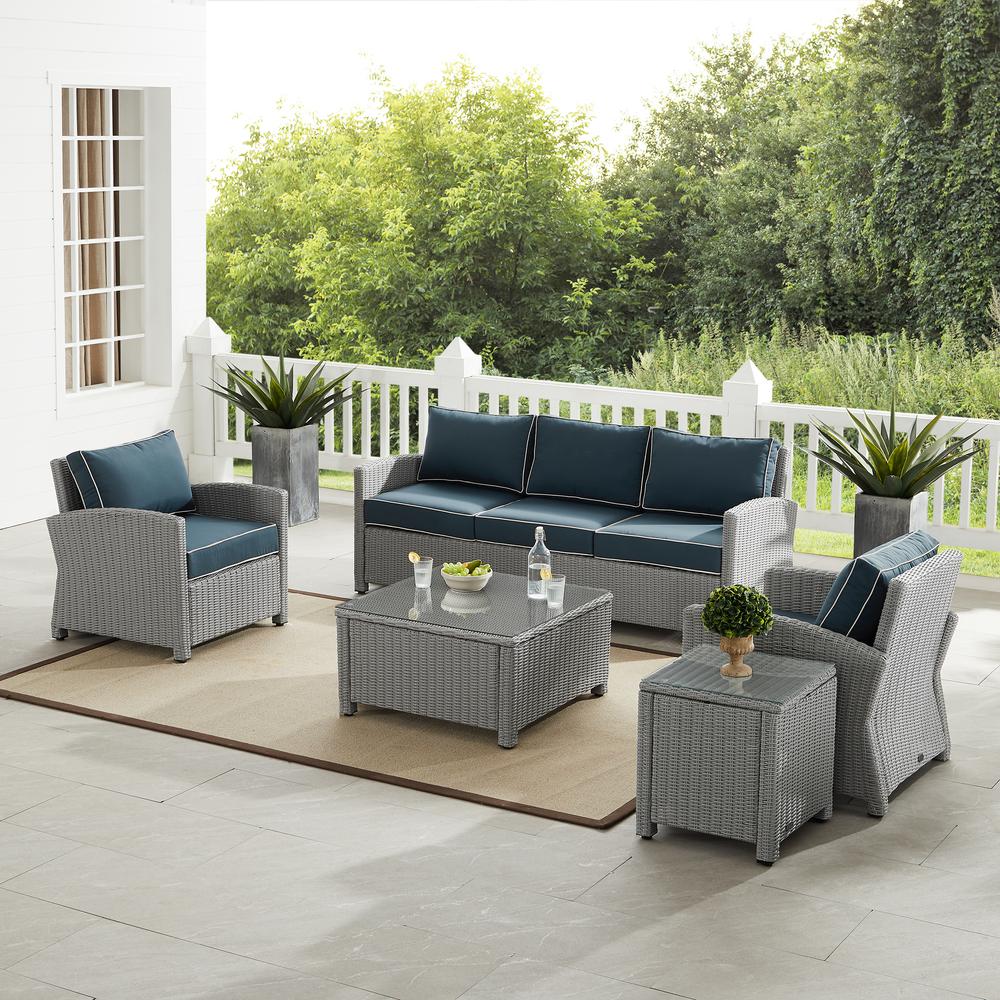 Bradenton 5Pc Outdoor Wicker Sofa Set Navy/Gray - Sofa, Side Table, Coffee Table, & 2 Armchairs