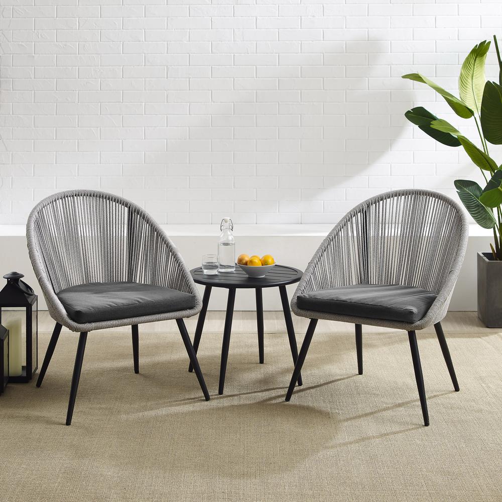 Aspen 3Pc Outdoor Rope Chair Set Gray/Matte Black - Side Table & 2 Chairs