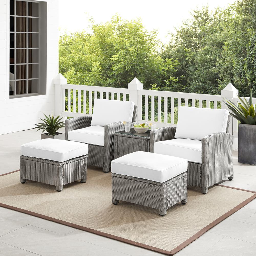 Bradenton 5Pc Outdoor Armchair Set - Sunbrella White/Gray - Side Table, 2 Arm Chairs & 2 Ottomans