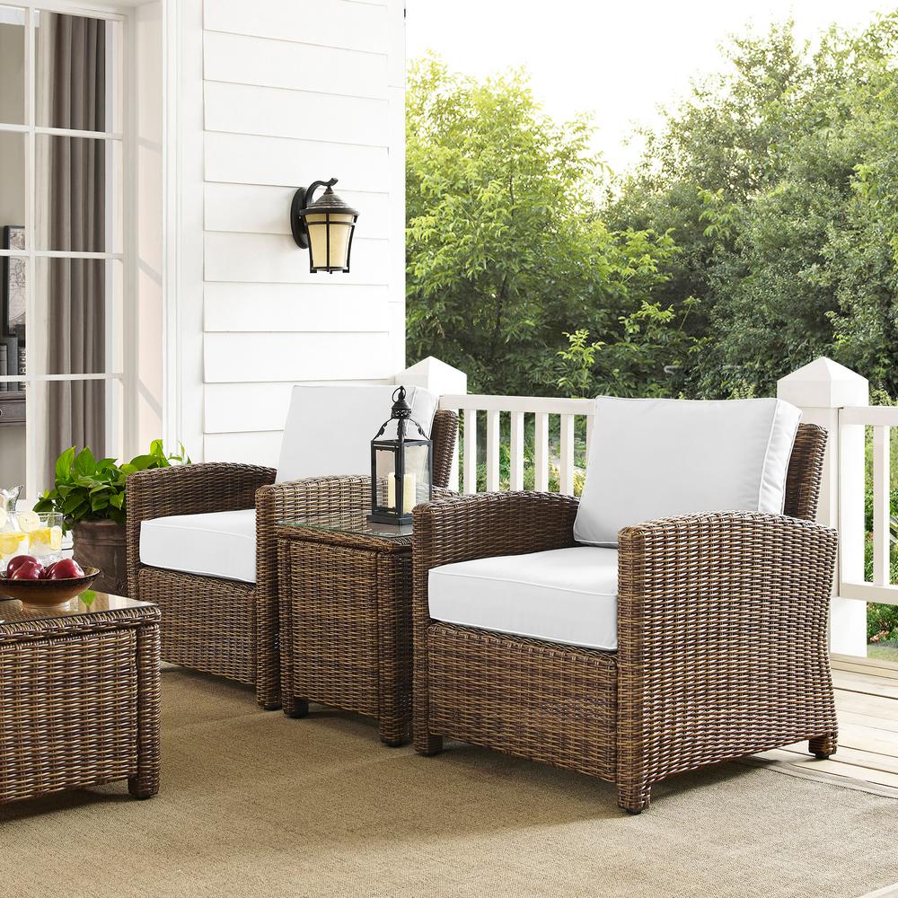 Bradenton 3Pc Outdoor Wicker Armchair Set - Sunbrella White/Weathered Brown - Side Table & 2 Armchairs