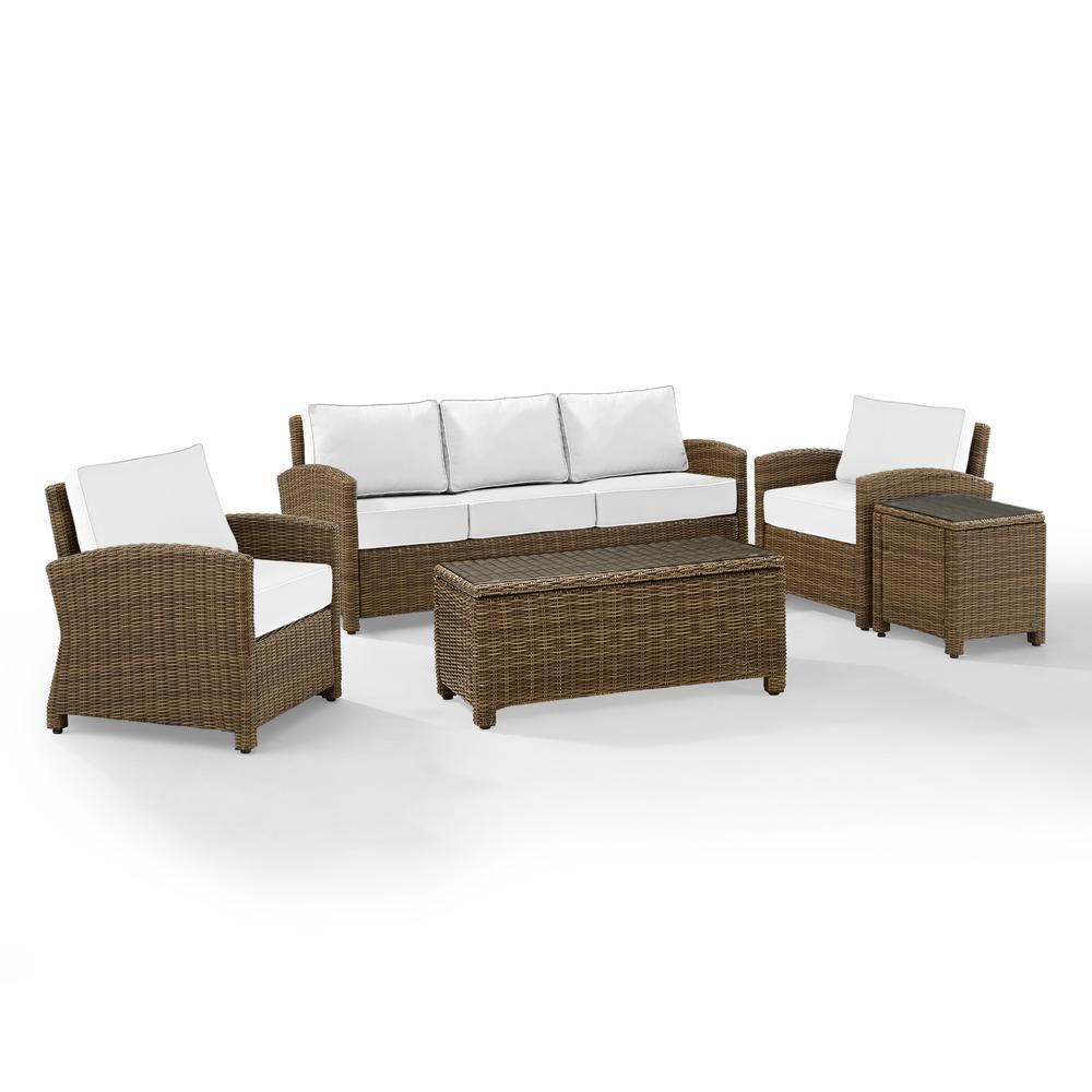 Bradenton 5Pc Outdoor Wicker Sofa Set - Sunbrella White/ Weathered Brown - Sofa, Side Table, Coffee Table, & 2 Armchairs