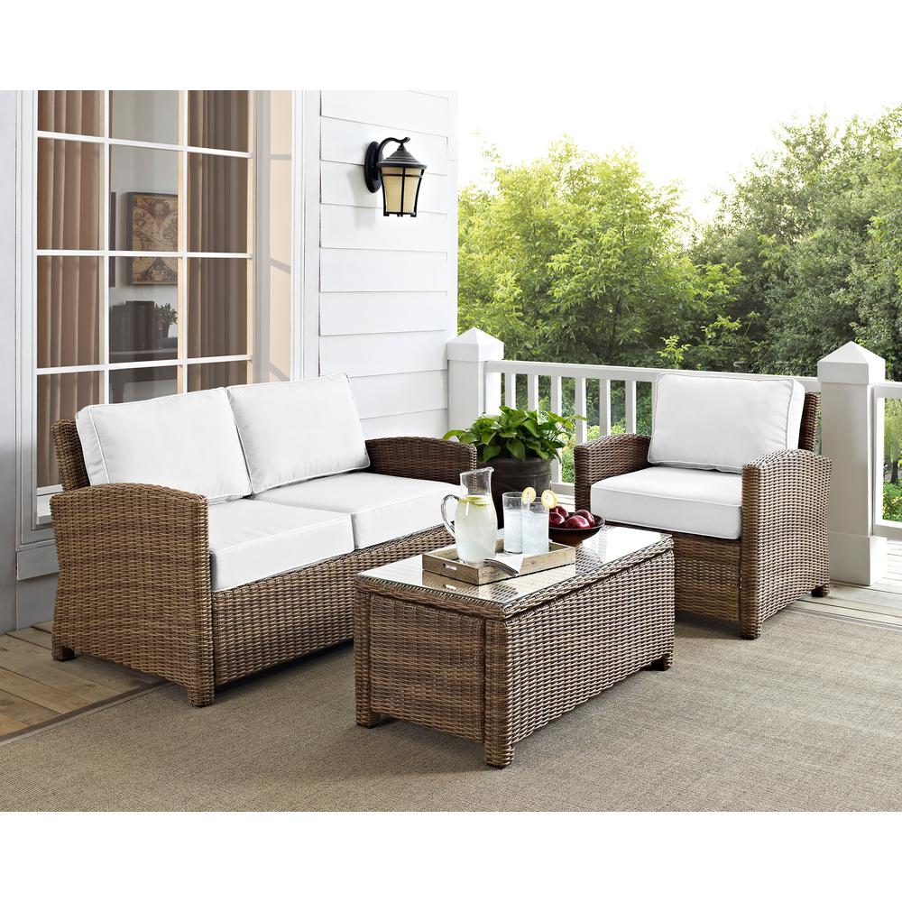 Bradenton 3Pc Outdoor Conversation Set - Sunbrella White/Weathered Brown - Loveseat, Arm Chair, & Coffee Table