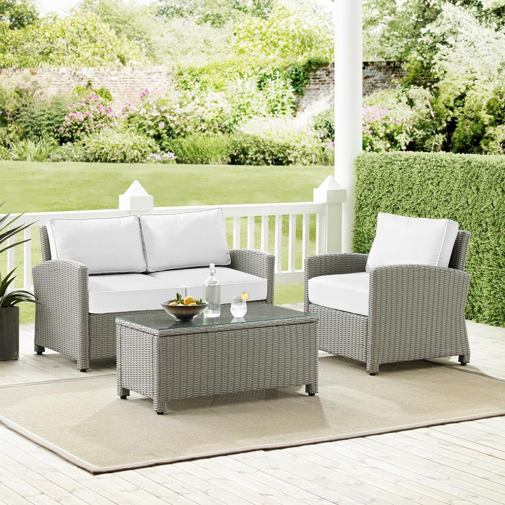 Bradenton 3Pc Outdoor Conversation Set - Sunbrella White/Gray - Loveseat, Arm Chair, & Coffee Table
