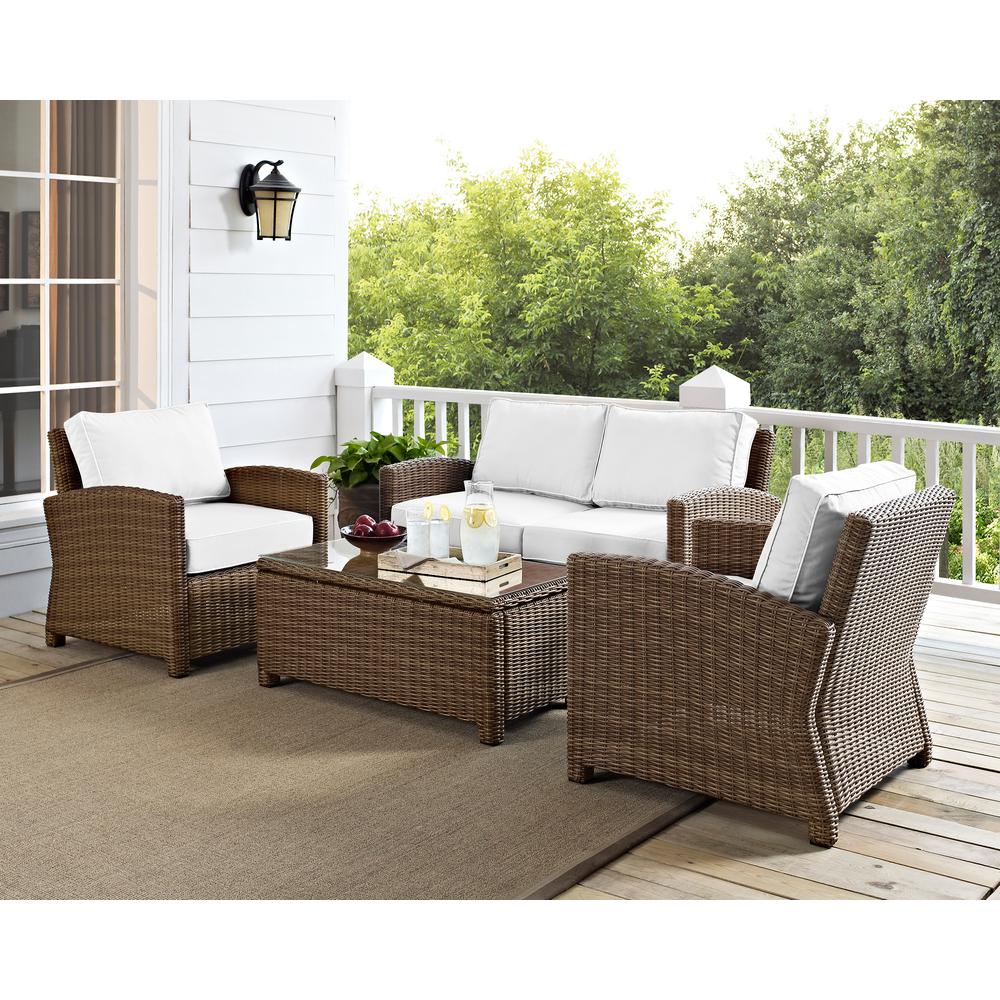 Bradenton 4Pc Outdoor Conversation Set - Sunbrella White/Weathered Brown - Loveseat, Coffee Table, & 2 Arm Chairs