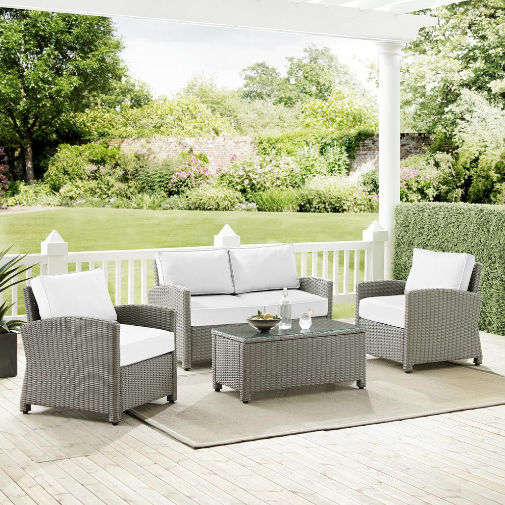 Bradenton 4Pc Outdoor Conversation Set - Sunbrella White/Gray - Loveseat, Coffee Table, & 2 Arm Chairs