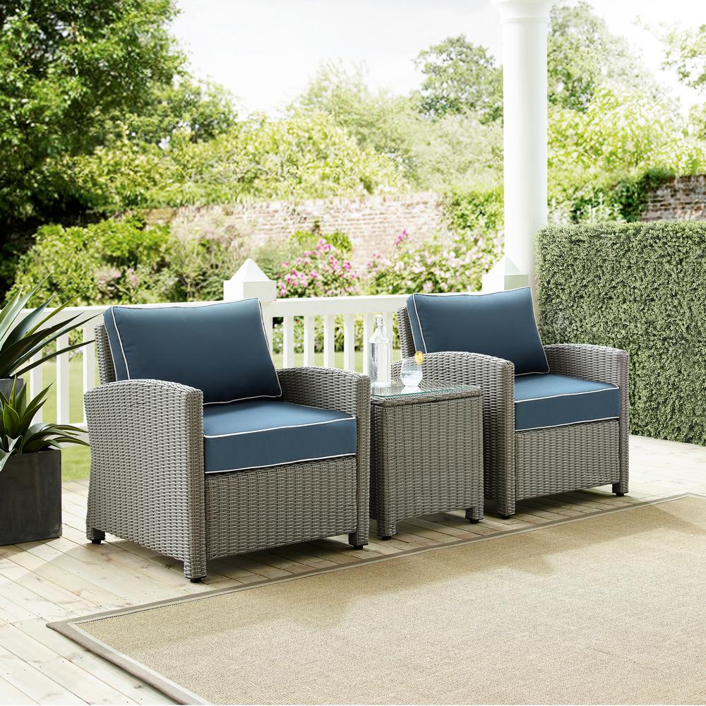 Bradenton 3Pc Outdoor Wicker Armchair Set Navy/Gray - Side Table & 2 Armchairs