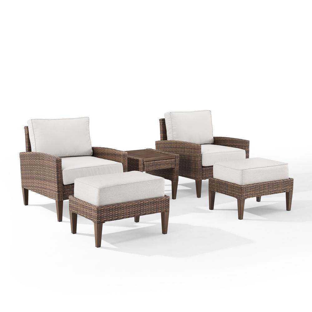 Capella 5Pc Outdoor Wicker Chair Set Creme/Brown - Side Table, 2 Armchairs, & 2 Ottomans