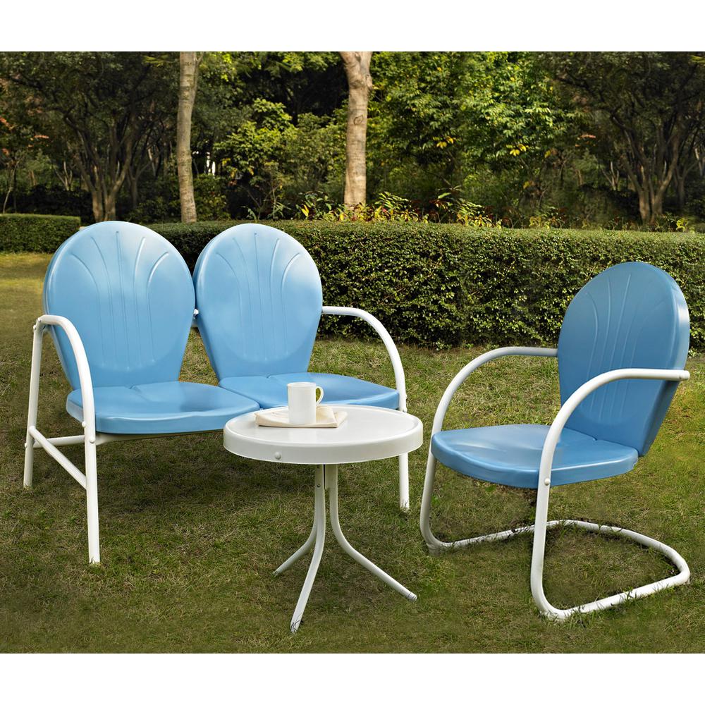 Griffith 3Pc Outdoor Metal Conversation Set Sky Blue Gloss/White Satin - Loveseat, Chair, & Side Table