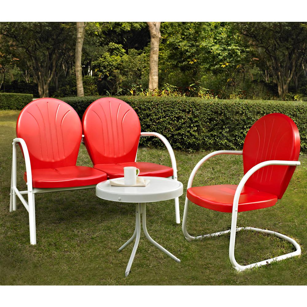 Griffith 3Pc Outdoor Metal Conversation Set Bright Red Gloss/White Satin - Loveseat, Chair, & Side Table