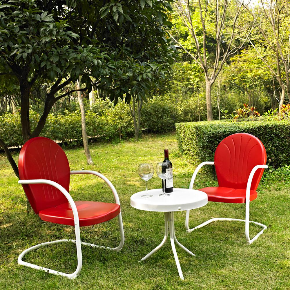 Griffith 3Pc Outdoor Metal Armchair Set Bright Red Gloss/White Satin - Side Table & 2 Chairs