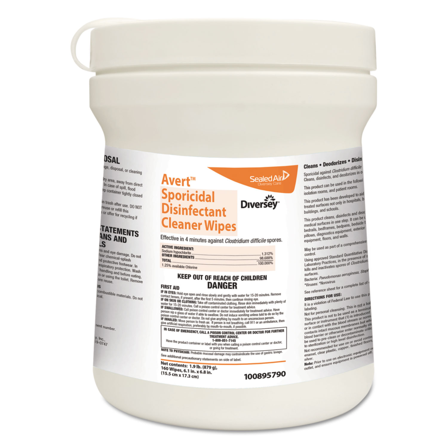 Avert Sporicidal Disinfectant Cleaner Wipes, Chlorine, 6 x 7, 160/Can