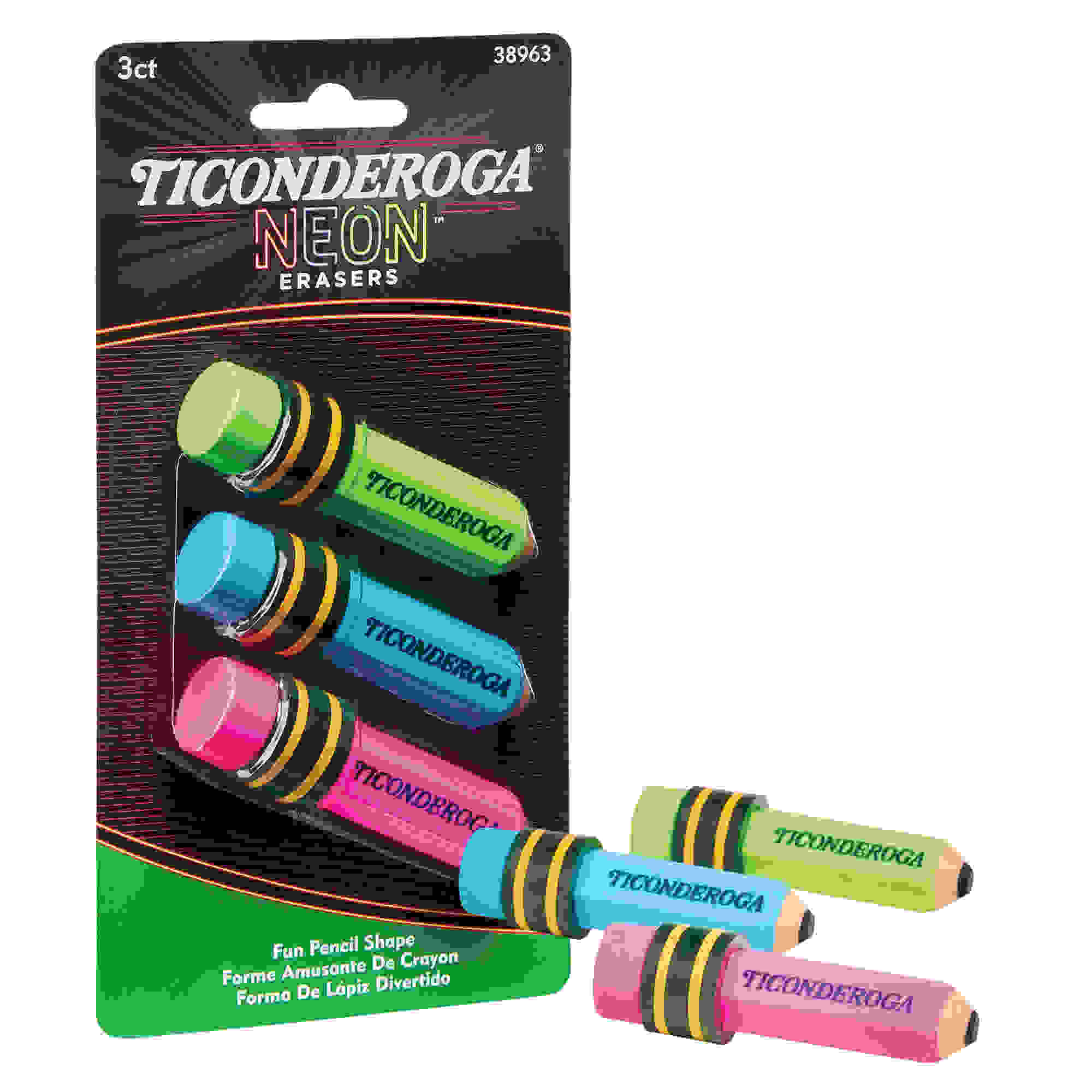 Pencil Shaped Neon Erasers, 3 Count