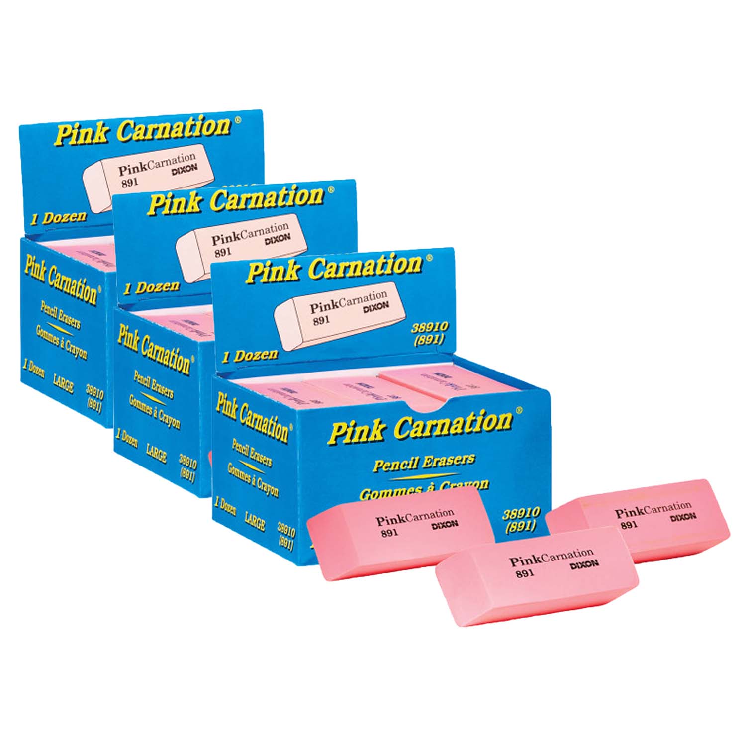 Pink Carnation Erasers, Large, 2-9/16 x 1 x 7/16, 12 Per Pack, 3 Packs