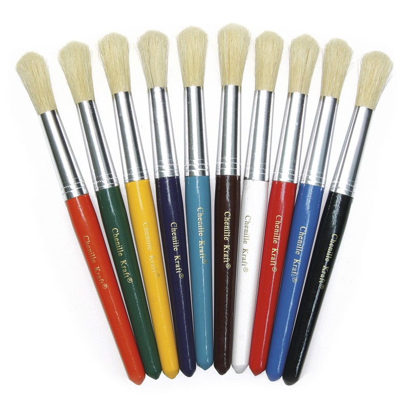 Beginner Paint Brushes, Round Stubby Brushes, 10 Assorted Colors, 7.5" Long, 10 Brushes