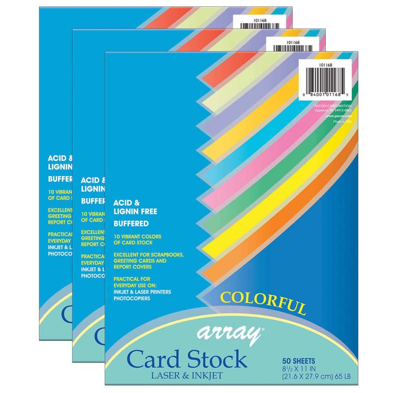Colorful Card Stock, 10 Assorted Colors, 8-1/2" x 11", 50 Sheets Per Pack, 3 Packs