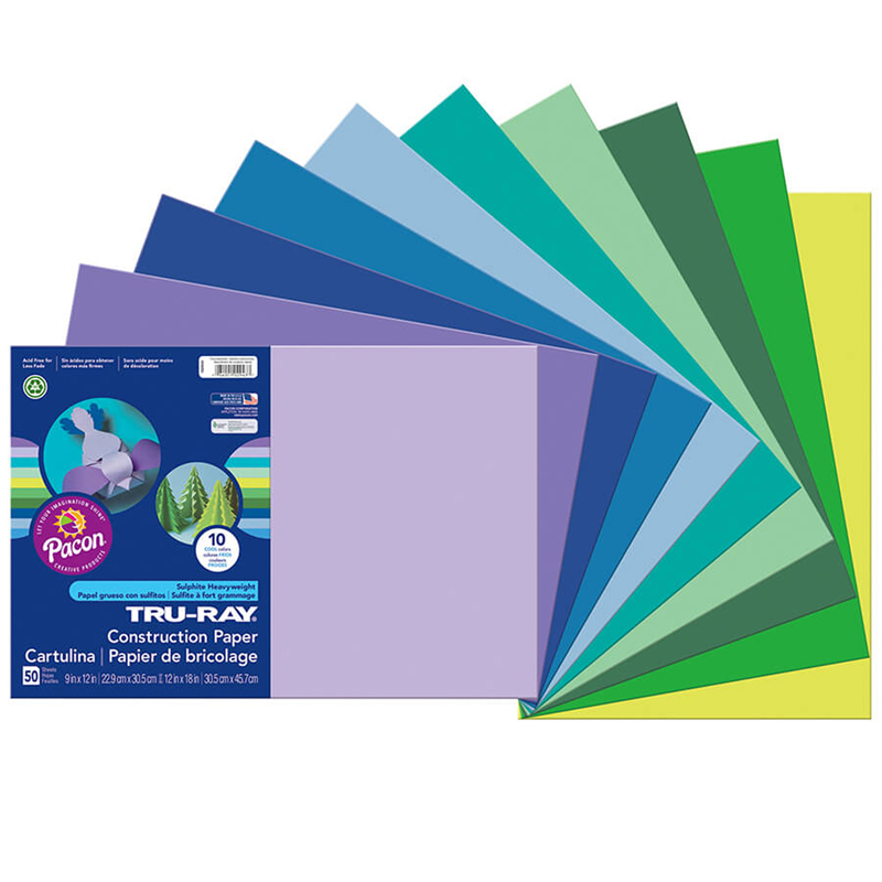 Construction Paper, Cool Assorted, 12" x 18", 50 Sheets