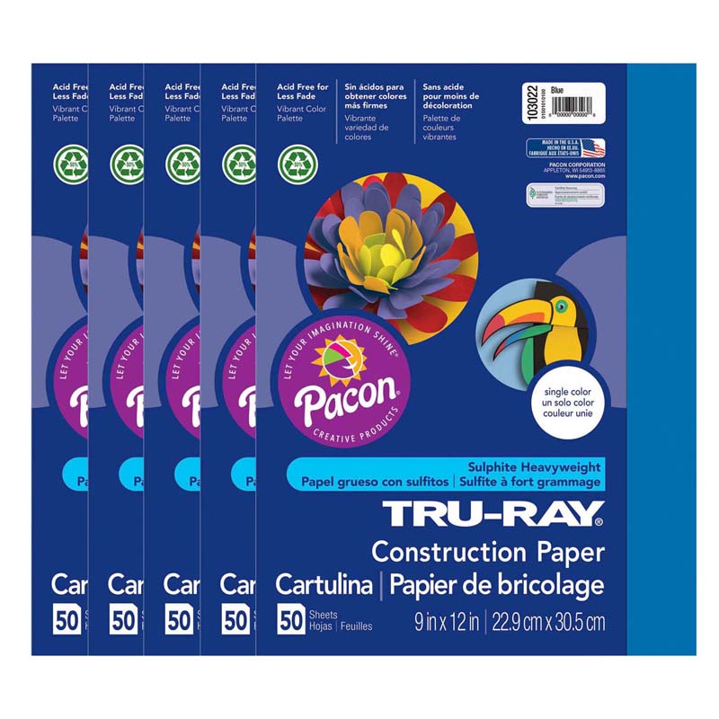 Construction Paper, Blue, 9" x 12", 50 Sheets Per Pack, 5 Packs