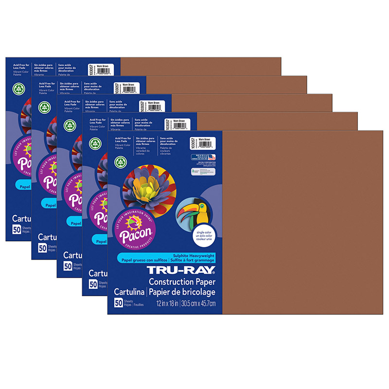 Construction Paper, Warm Brown, 12" x 18", 50 Sheets Per Pack, 5 Packs
