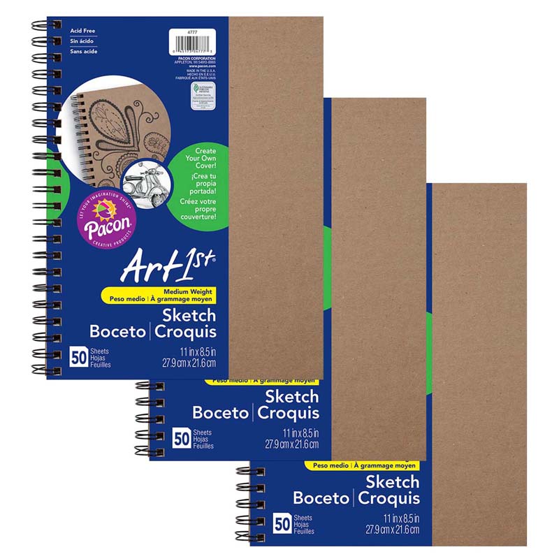 Create Your Own Cover Sketch Diary, Natural Chip Cover, 11" x 8-1/2", 50 Sheets, Pack of 3