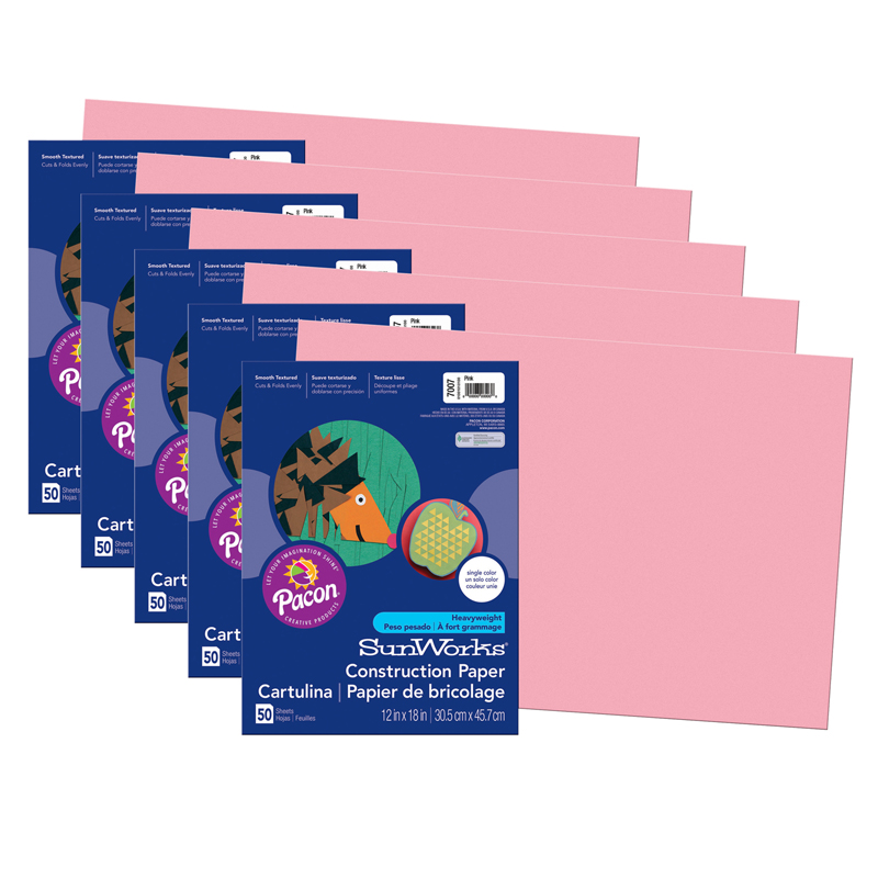 Construction Paper, Pink, 12" x 18", 50 Sheets Per Pack, 5 Packs