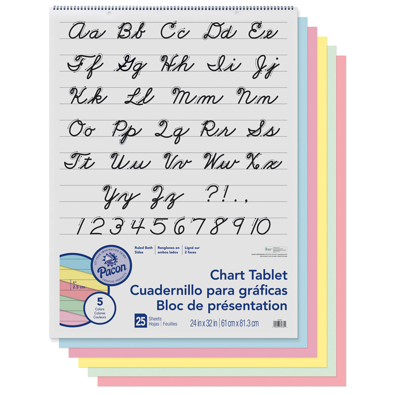 Colored Paper Chart Tablet, Cursive Cover, Asst, 1" Ruled. 24" x 32", 25 Sheets