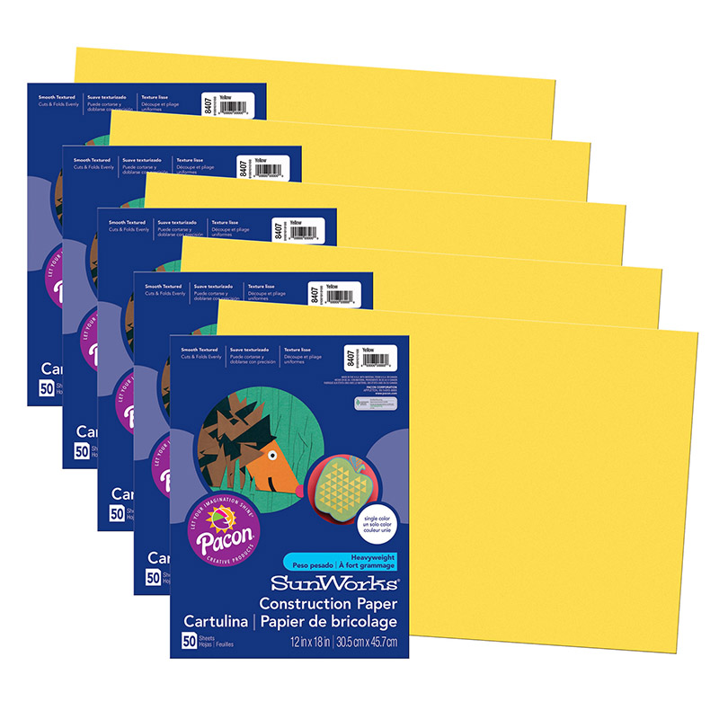 Construction Paper, Yellow, 12" x 18", 50 Sheets Per Pack, 5 Packs