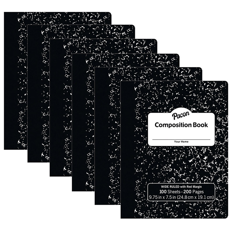 Composition Book, Black Marble, 3/8" Ruled w/Margin, 9-3/4" x 7-1/2", 100 Sheets Per Book, Pack of 6