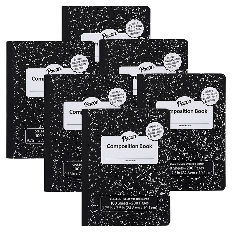 Composition Books with Dry Erase Surfaces, Black Marble, 3/8" Ruled w/Margin , 100 Sheets/200 Pages, Pack of 6