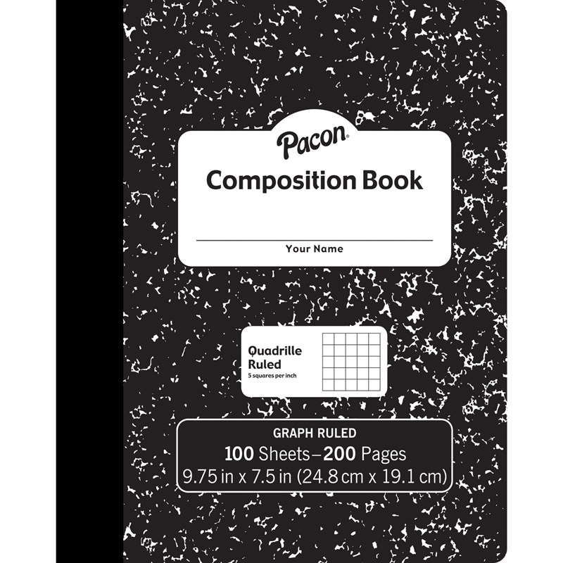 Composition Book, Black Marble, 1/5" Quadrille Ruled, 9-3/4" x 7-1/2", 100 Sheets