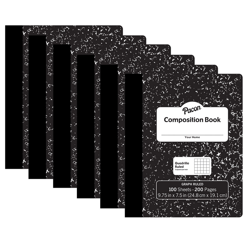 Composition Book, Black Marble, 1/5" Quadrille Ruled, 9-3/4" x 7-1/2", 100 Sheets, Pack of 6