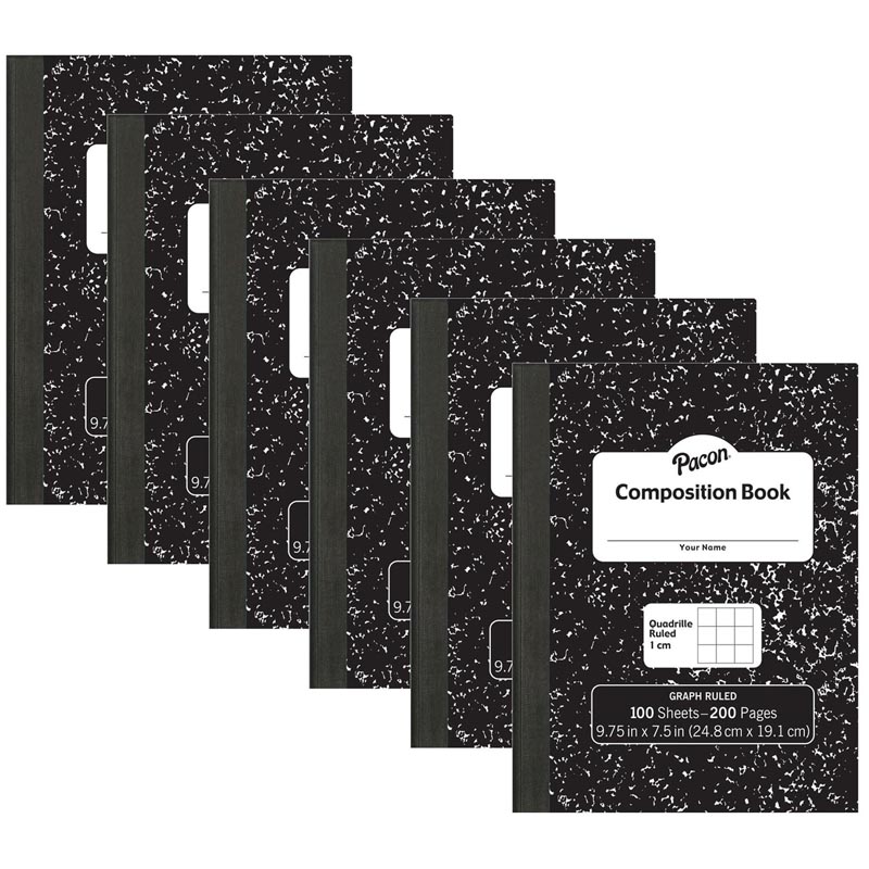 Composition Book, Black Marble, 1 cm Quadrille Ruled 9-3/4" x 7-1/2", 100 Sheets, Pack of 6