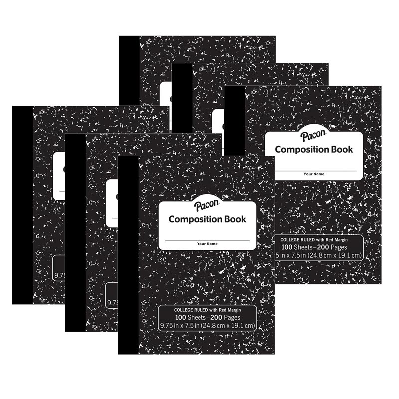 Composition Book, Black Marble, 9/32" Ruled w/ Margin, 9-3/4" x 7-1/2", 100 Sheets, Pack of 6