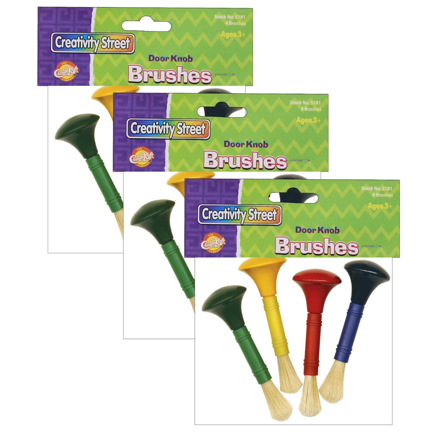 Beginner Paint Brushes, Door Knob Handles, 4 Assorted Colors, 5" Long, 4 Brushes Per Pack, 3 Packs