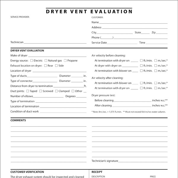 Dryer Vent Evaluation Form, Pack Of 50 Triplicate Forms