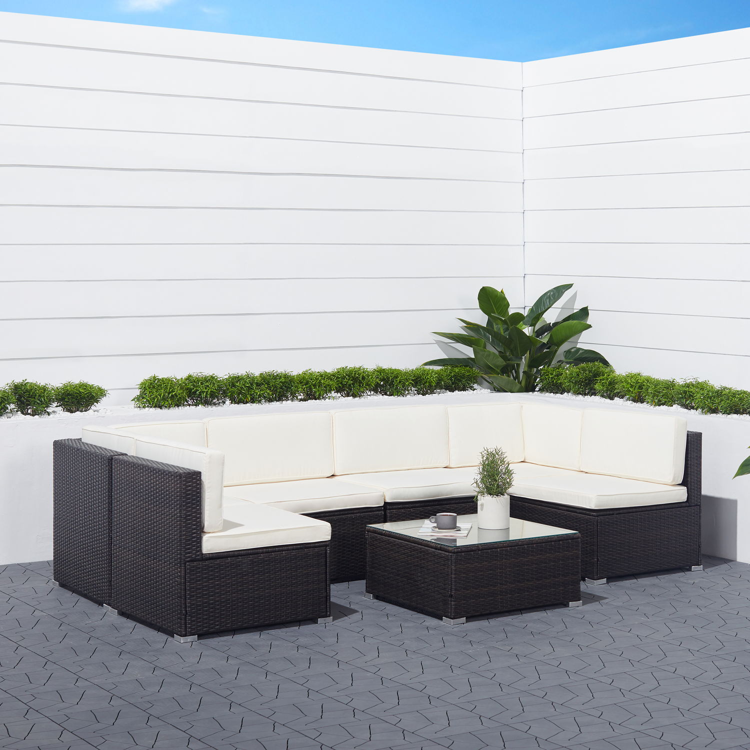 Venice 6-piece Classic Outdoor Wicker Sectional Sofa in Black with Seat and Back Cushion