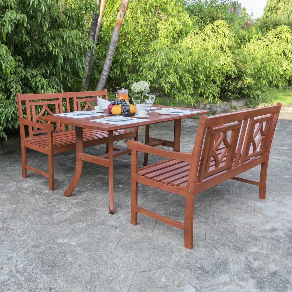 Malibu Outdoor 3-piece Wood Patio Curvy Legs Table Dining Set