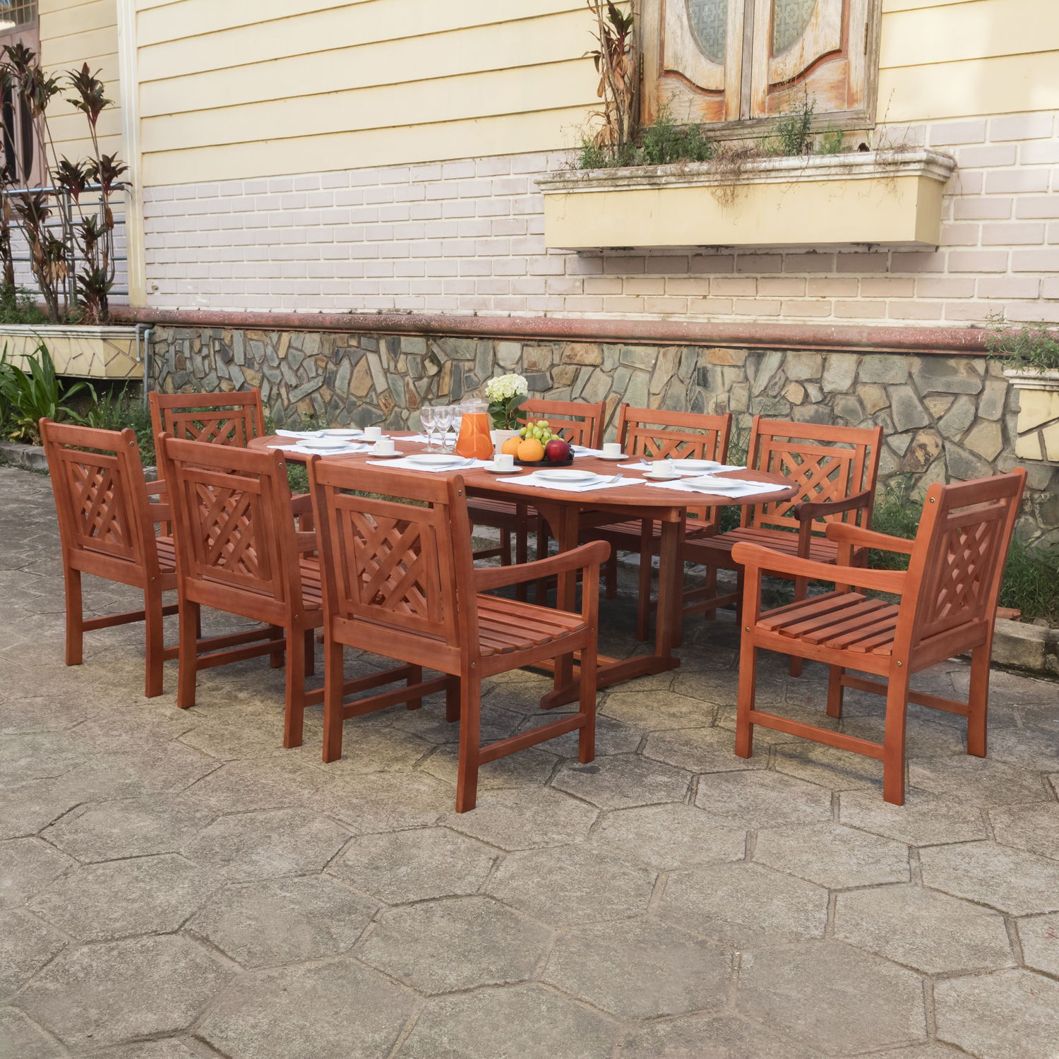 Malibu Outdoor 9-piece Wood Patio Extendable Table Dining Set
