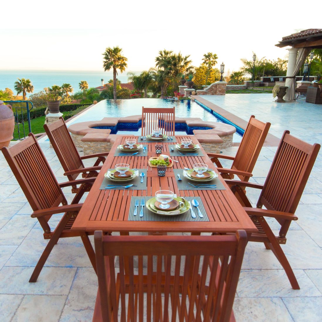 Malibu Outdoor 7-piece Wood Patio Dining Set with Extension Table & Reclining Chairs