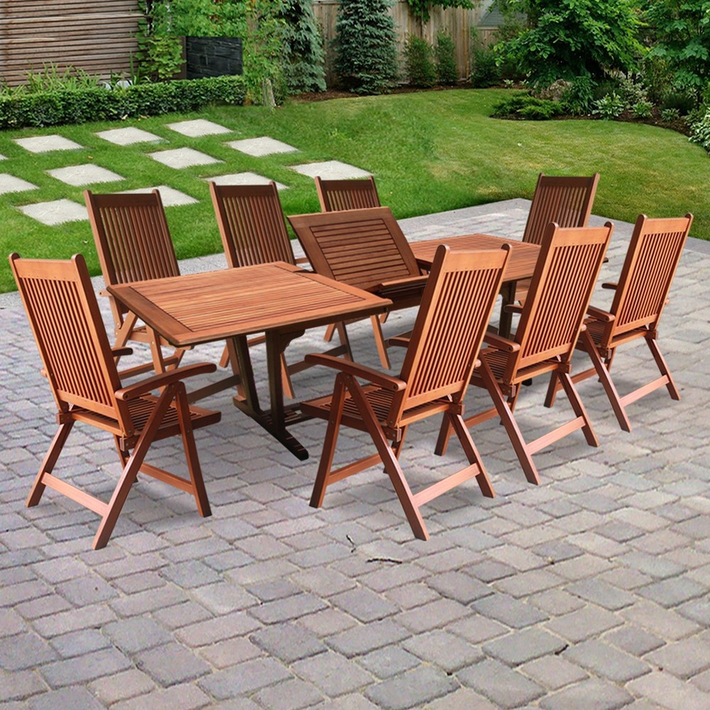 Malibu Outdoor 9-piece Wood Patio Dining Set with Extension Table & Reclining Chairs