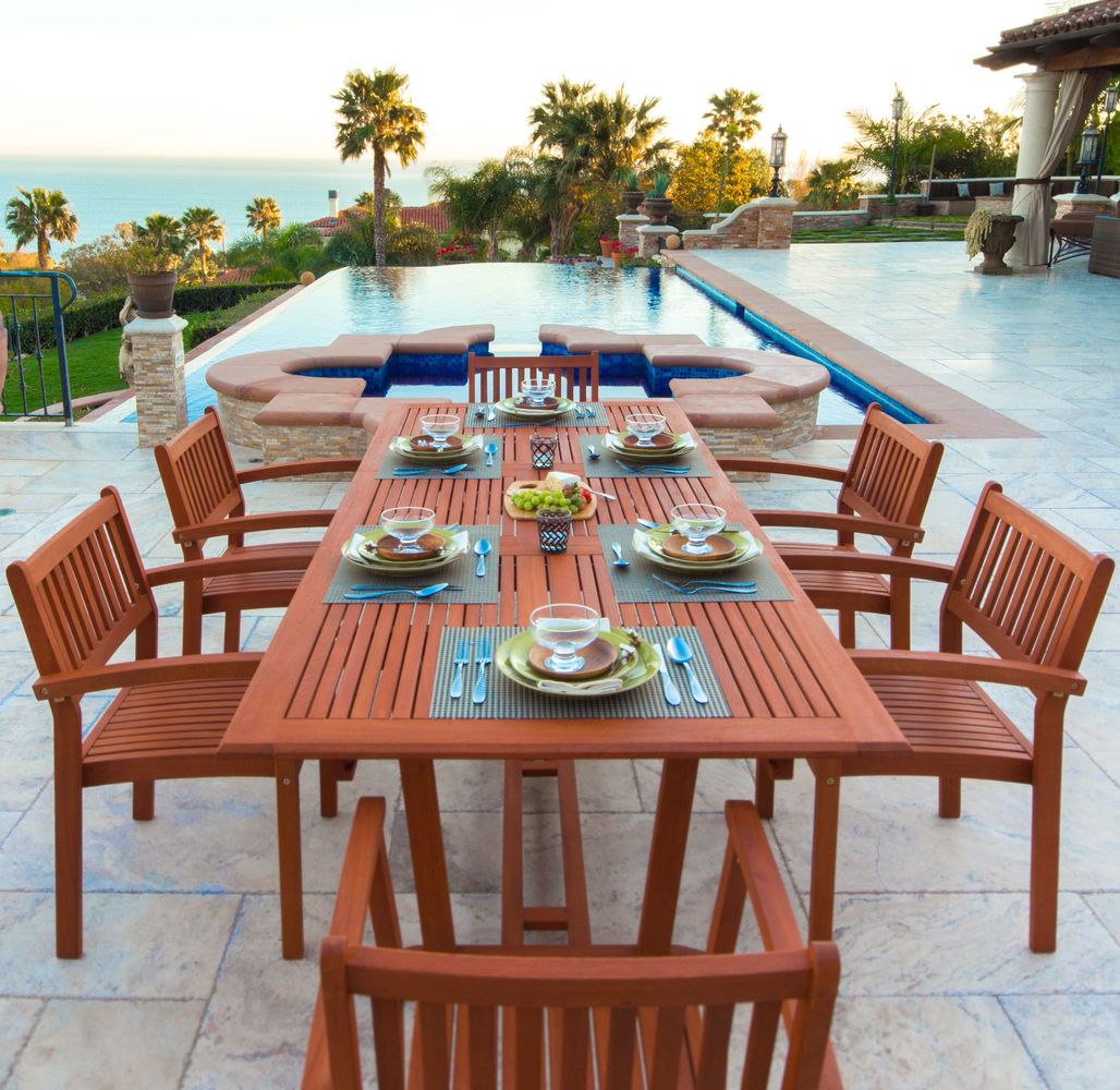 Malibu Outdoor 7-piece Wood Patio Dining Set with Extension Table & Stacking Chairs
