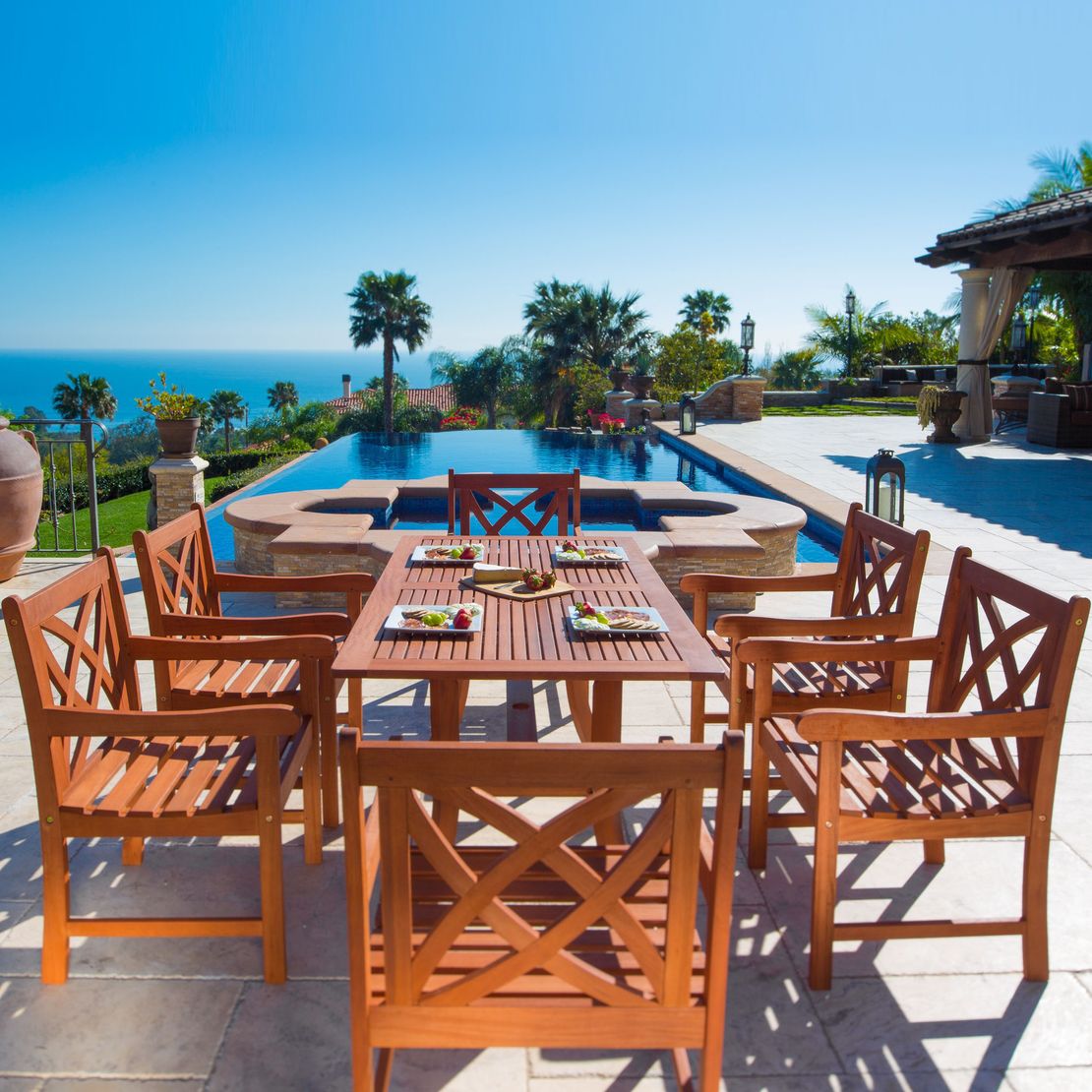 Malibu Outdoor 7-piece Wood Patio Dining Set with Curvy Leg Table