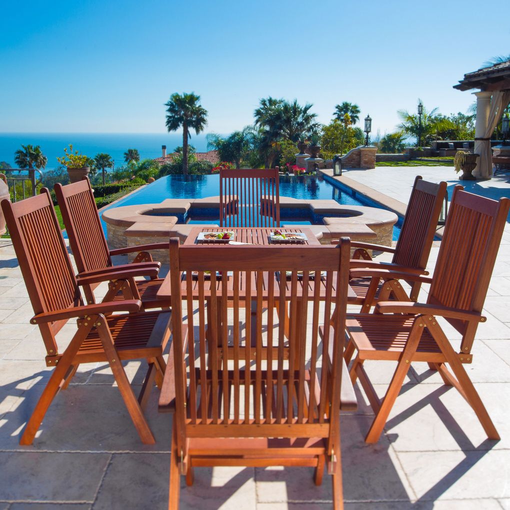 Malibu Outdoor 7-piece Wood Patio Dining Set with Curvy Leg Table & Reclining Chairs