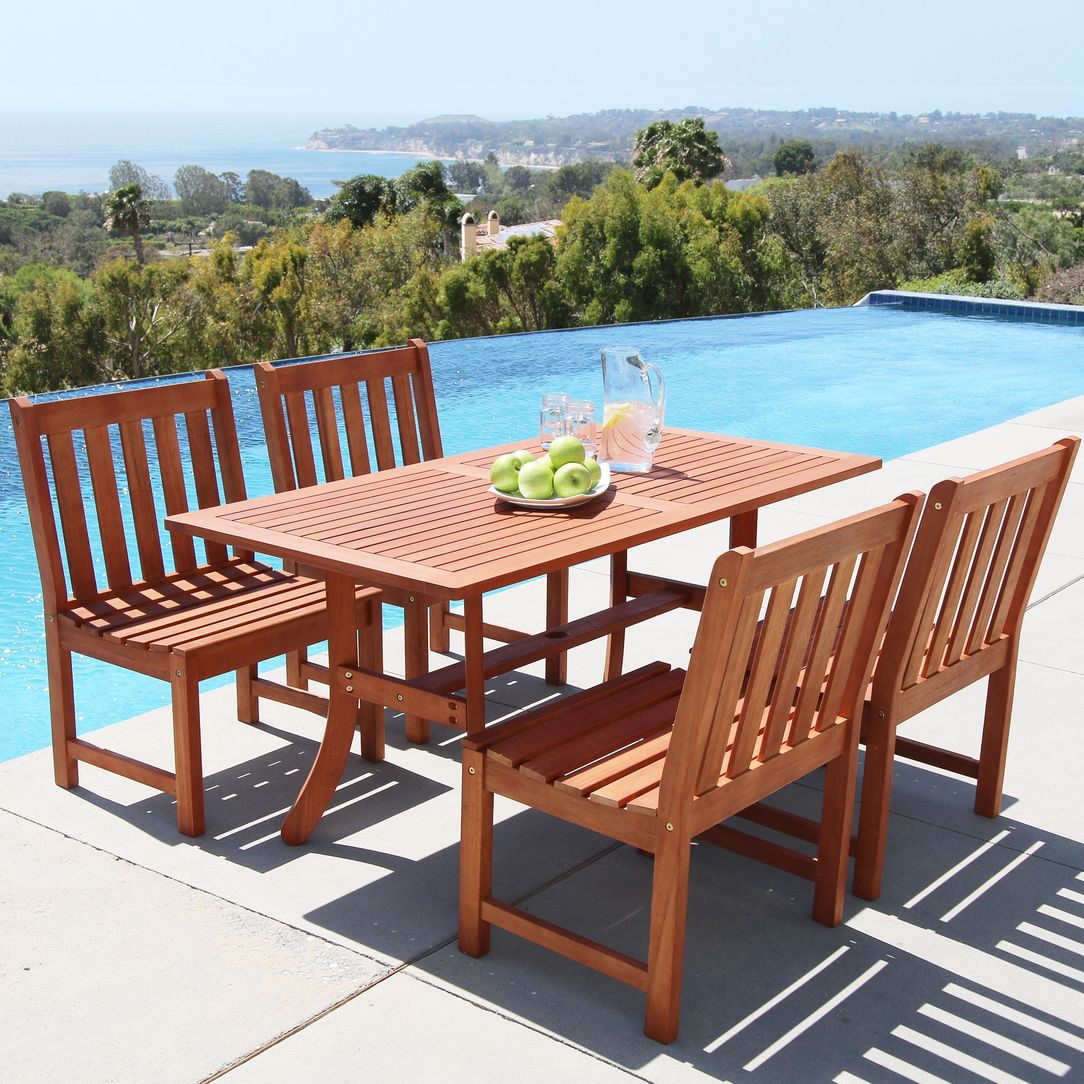 Malibu Outdoor 5-piece Wood Patio Dining Set with Curvy Leg Table & Armless Chairs