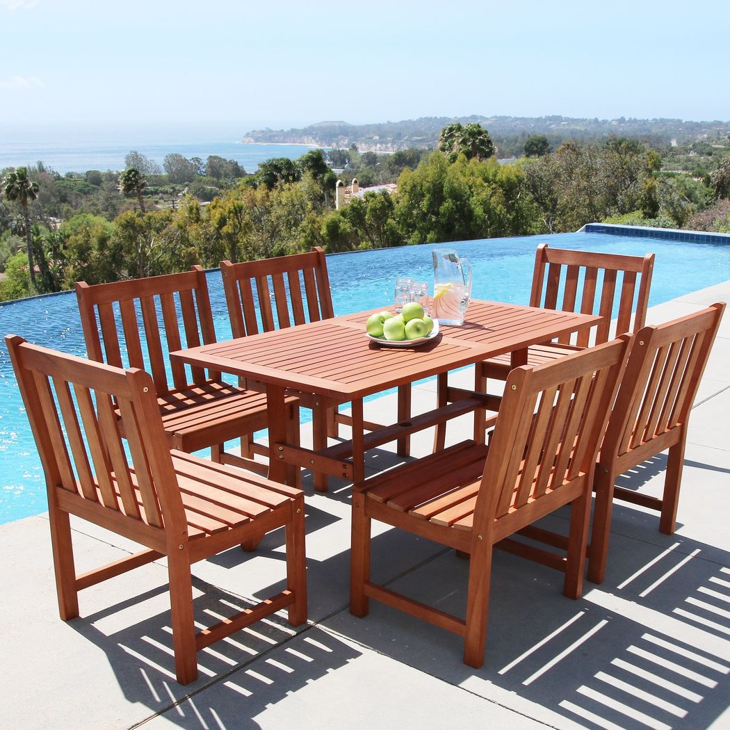 Malibu Outdoor 7-piece Wood Patio Dining Set with Curvy Leg Table & Armless Chairs