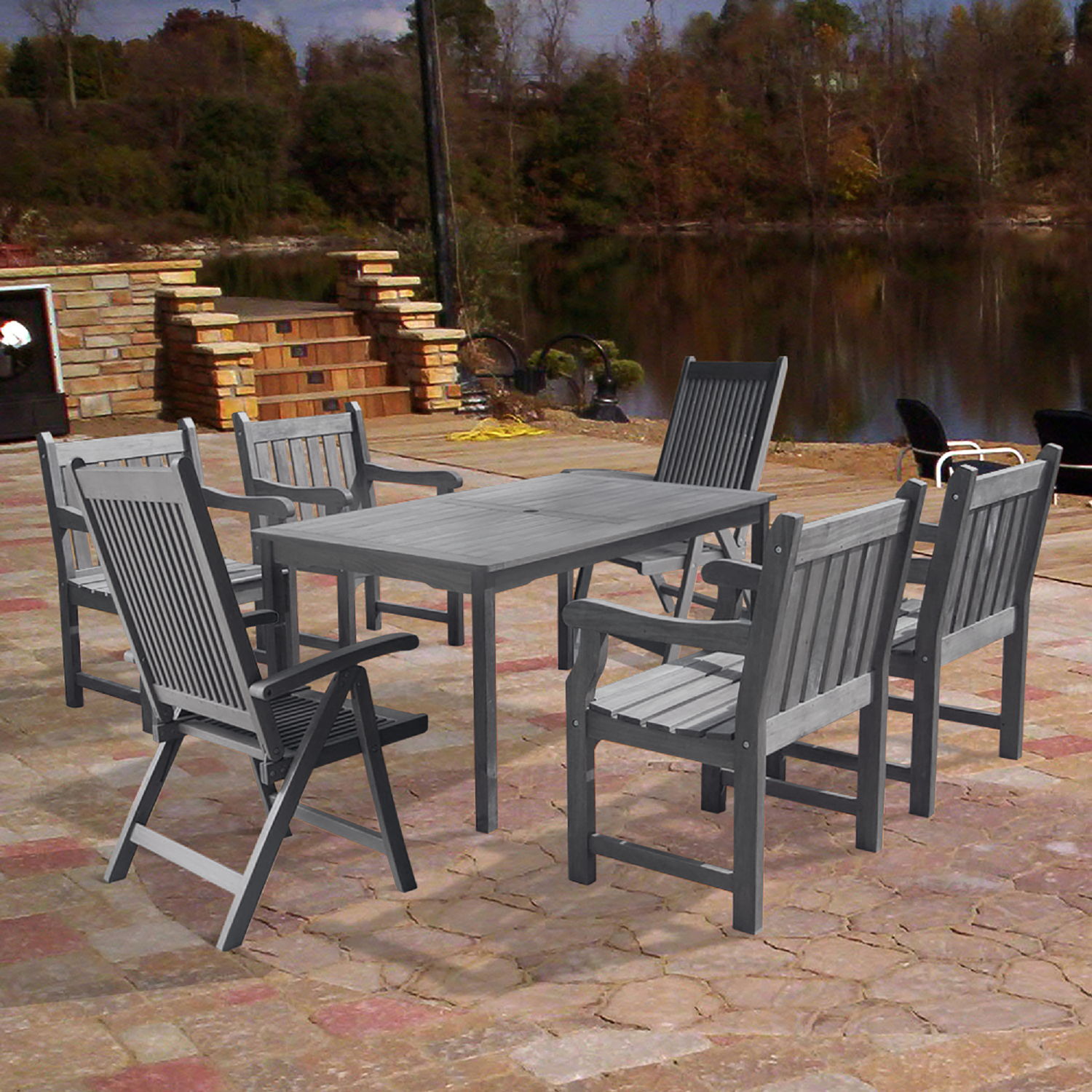 Renaissance Outdoor Patio Hand-scraped Wood 7-piece Dining Set with Reclining Chairs