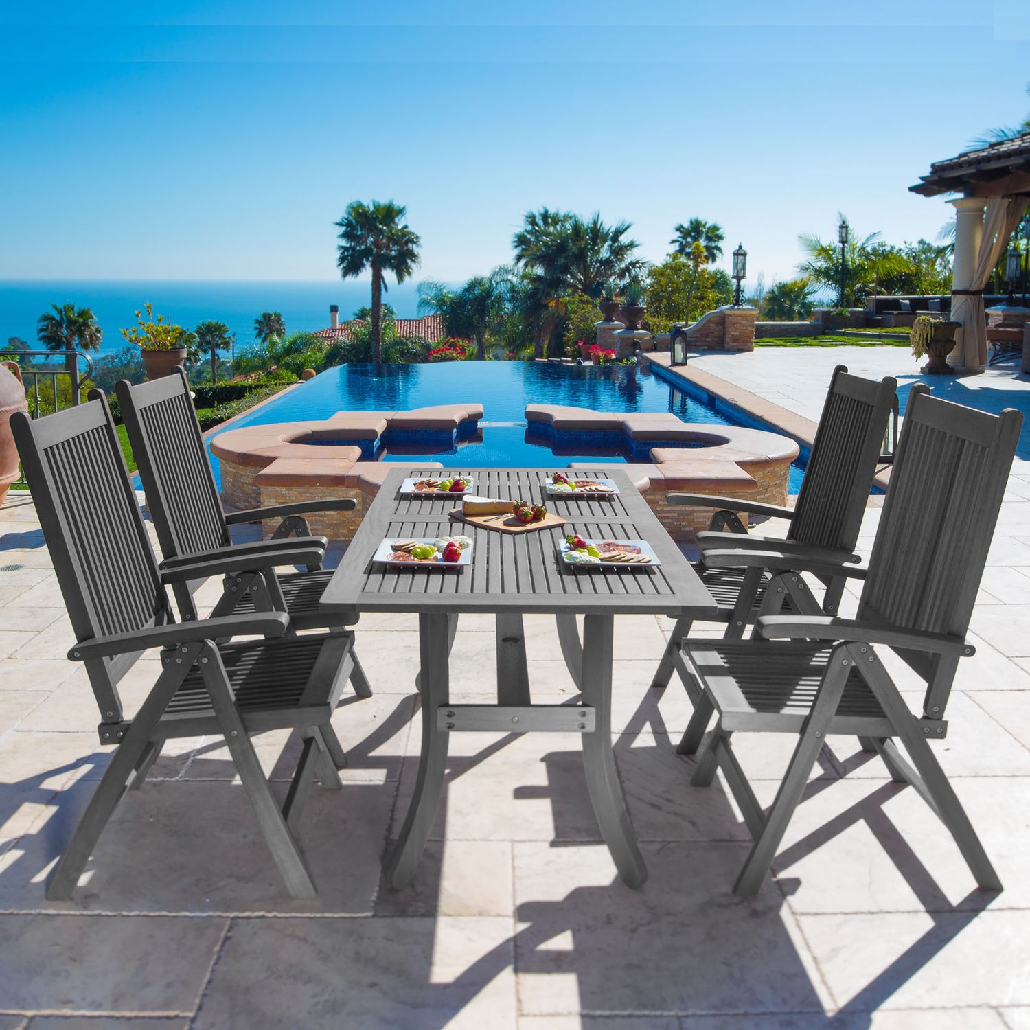 Renaissance Outdoor Patio Hand-scraped Wood 5-piece Dining Set with Reclining Chairs