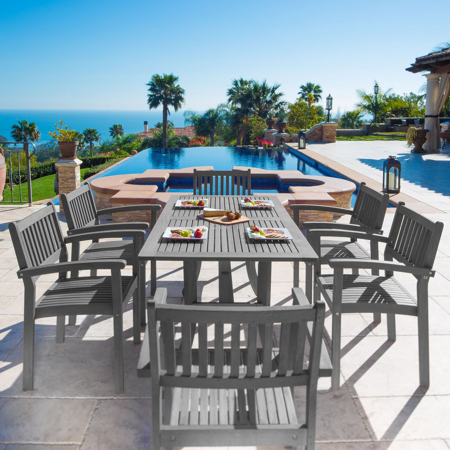 Renaissance Outdoor Patio Hand-scraped Wood 7-piece Dining Set with Stacking Chairs