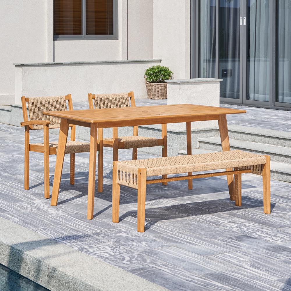 Chesapeake Honey 4-Piece Patio Acacia Wooden Mixed Strapped Rattan Dining Set with 2-Seater Bench
